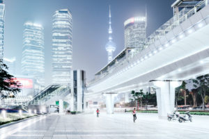 Asia, China, Pudong, Lujiazui, futuristic city landscape with Oriental Pearl Tower in the background Asia, China, Pudong, Lujiazui, futuristic city landscape with Oriental Pearl Tower in the background